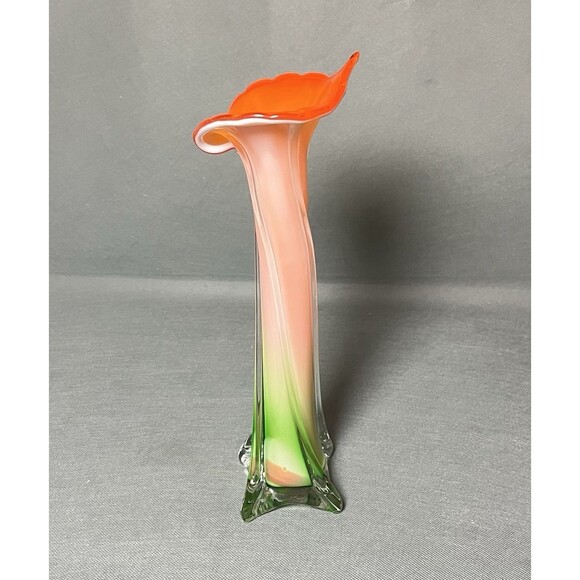 Murano Style Calla Lily Jack In the Pulpit Vase Art Glass Flower Orange Vintage - Picture 7 of 12